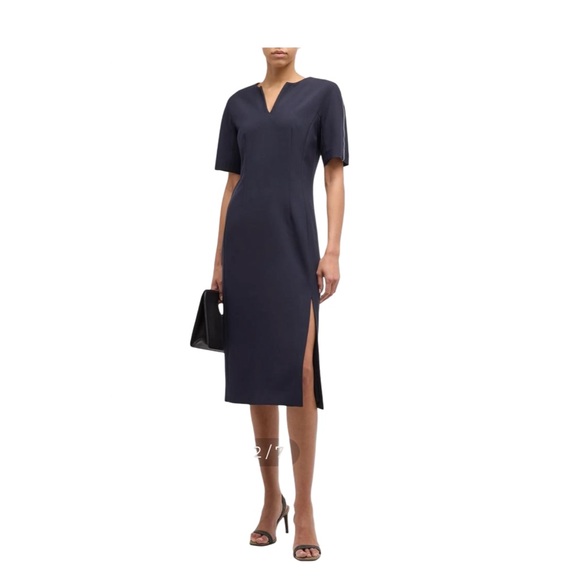 Peserico Short Sleeve Inkwell Blue Chain-Trim V-Neck Midi Dress NWT Size 8